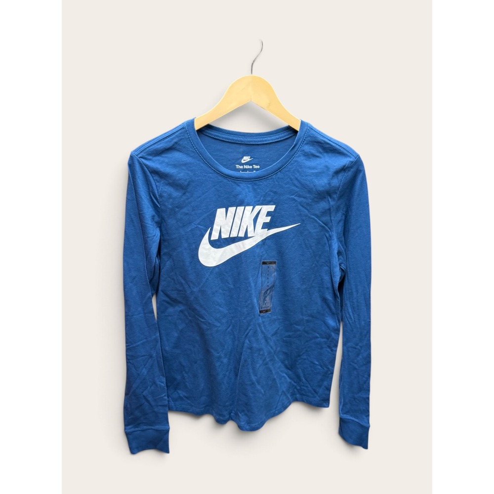 Nike Womens Long Sleeve Graphic Tee Blue Futura Logo Cotton Shirt S FJ0441-478